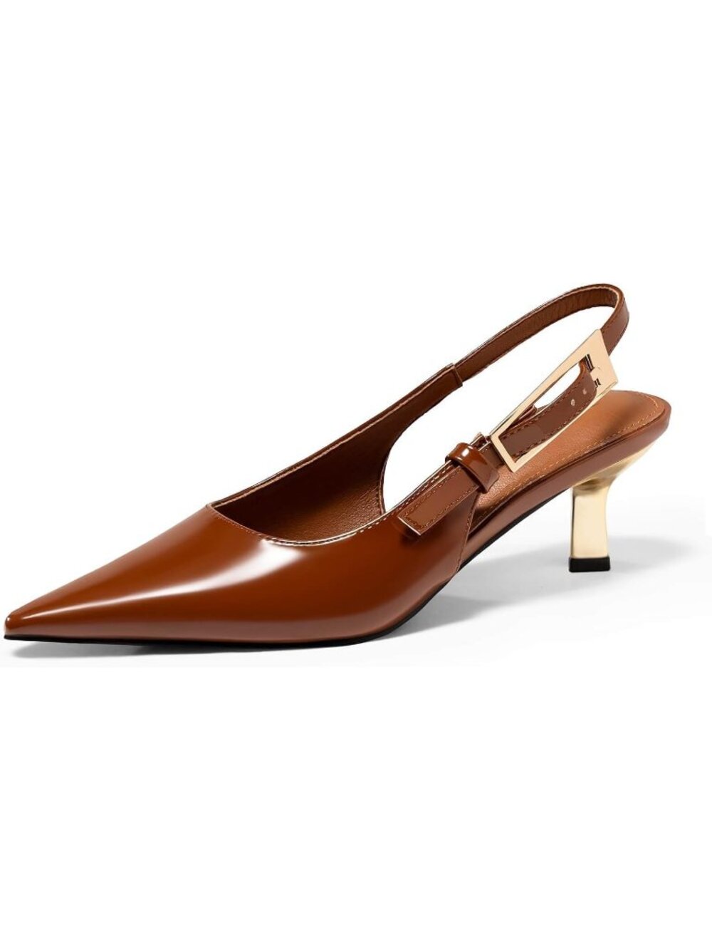 Women's Brown Slingback Kitten Heels Shoes Closed Pointed Toe Buckle Strap Pumps